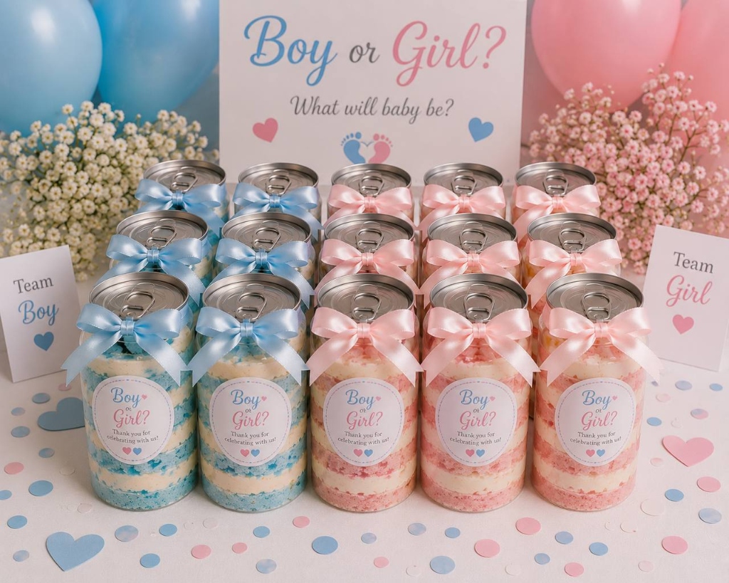 Gender reveal boy or girl cans with blue and pink ribbons
